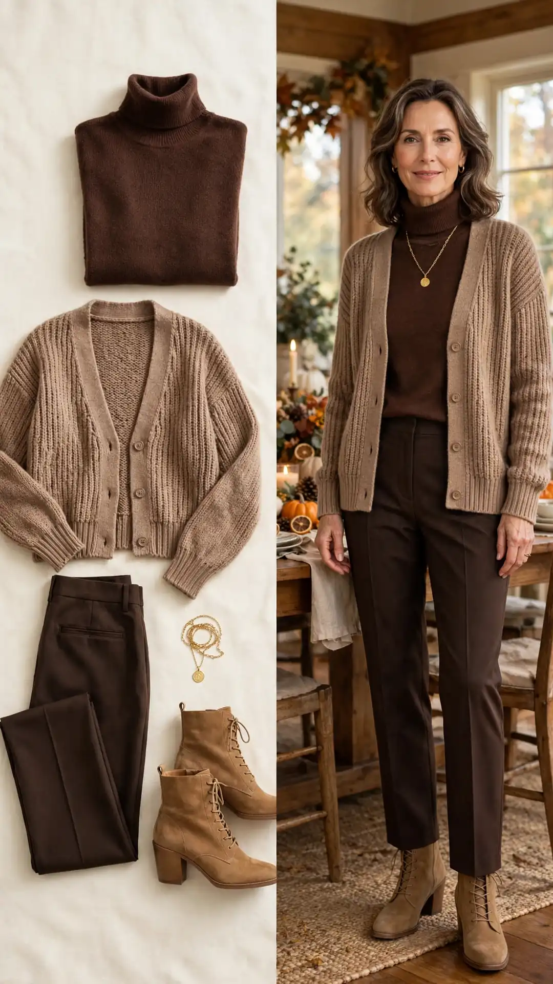 Split outfit idea: chocolate turtleneck and mocha cardigan flat lay and a mature woman wearing them with dark brown trousers and tan ankle boots