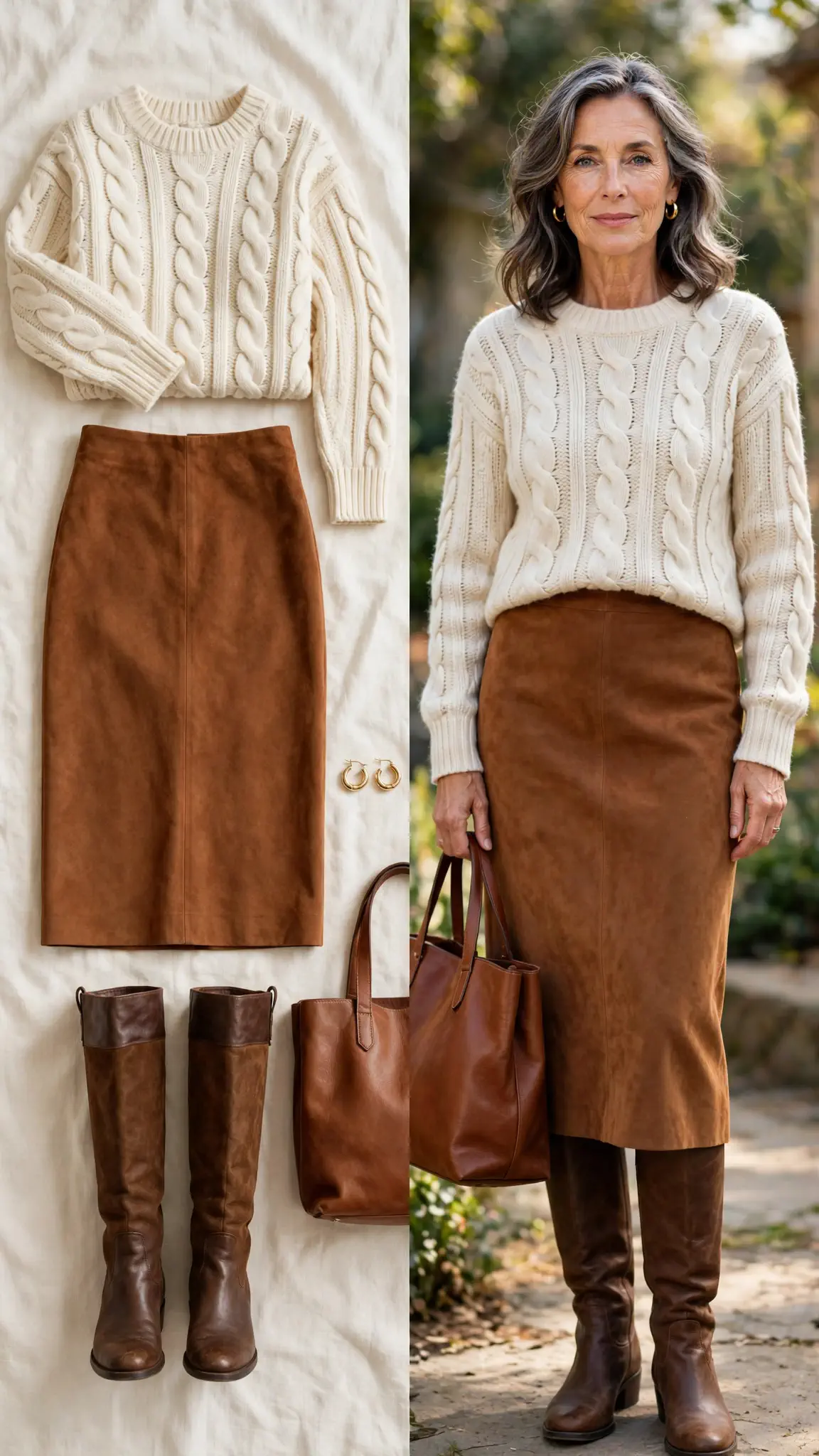Split outfit idea: cream cable-knit sweater and cognac suede midi skirt flat lay and a mature woman wearing them with brown knee-high boots