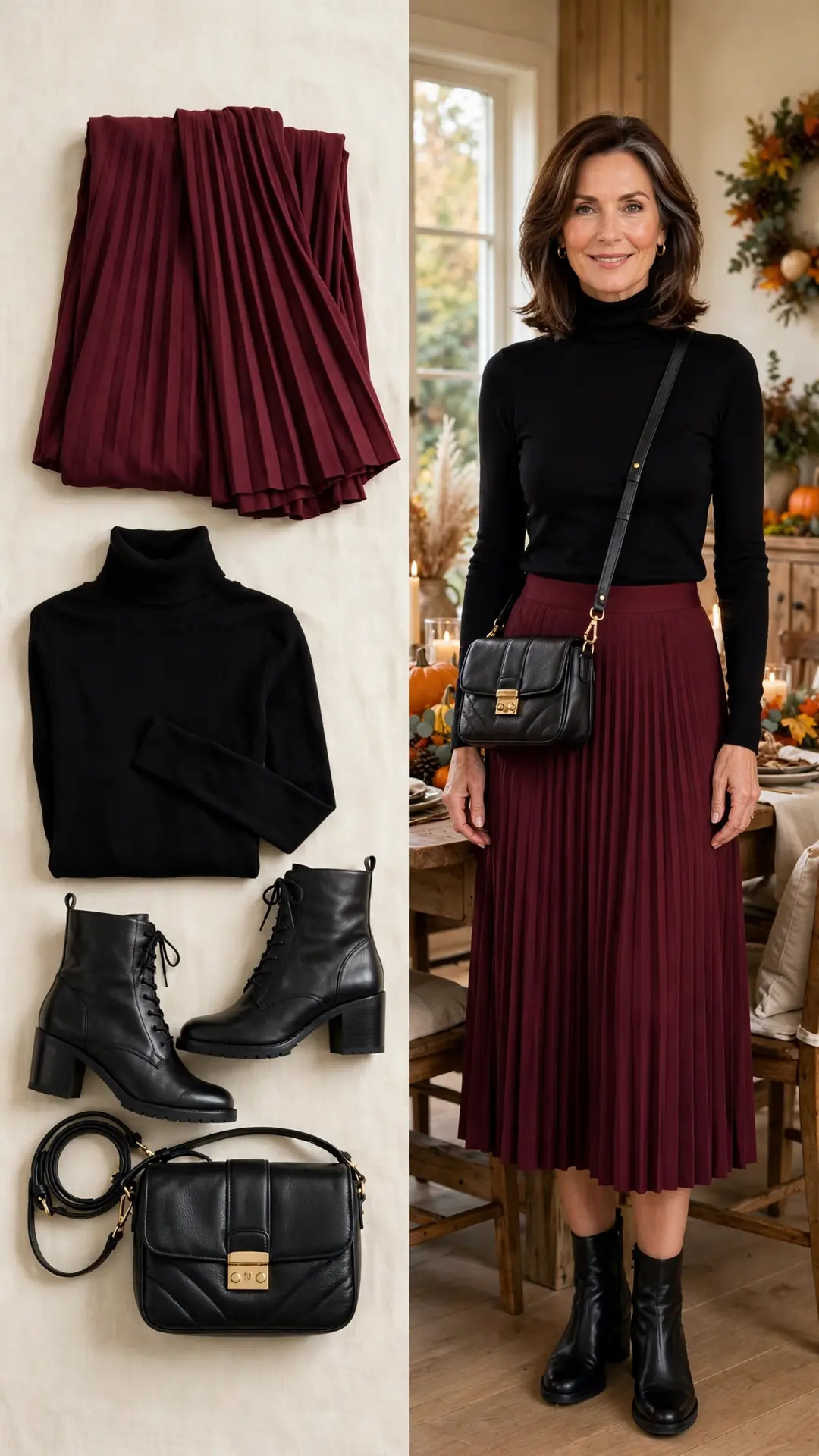 Split outfit idea: burgundy pleated midi skirt and black turtleneck flat lay and a mature woman wearing them with black ankle boots