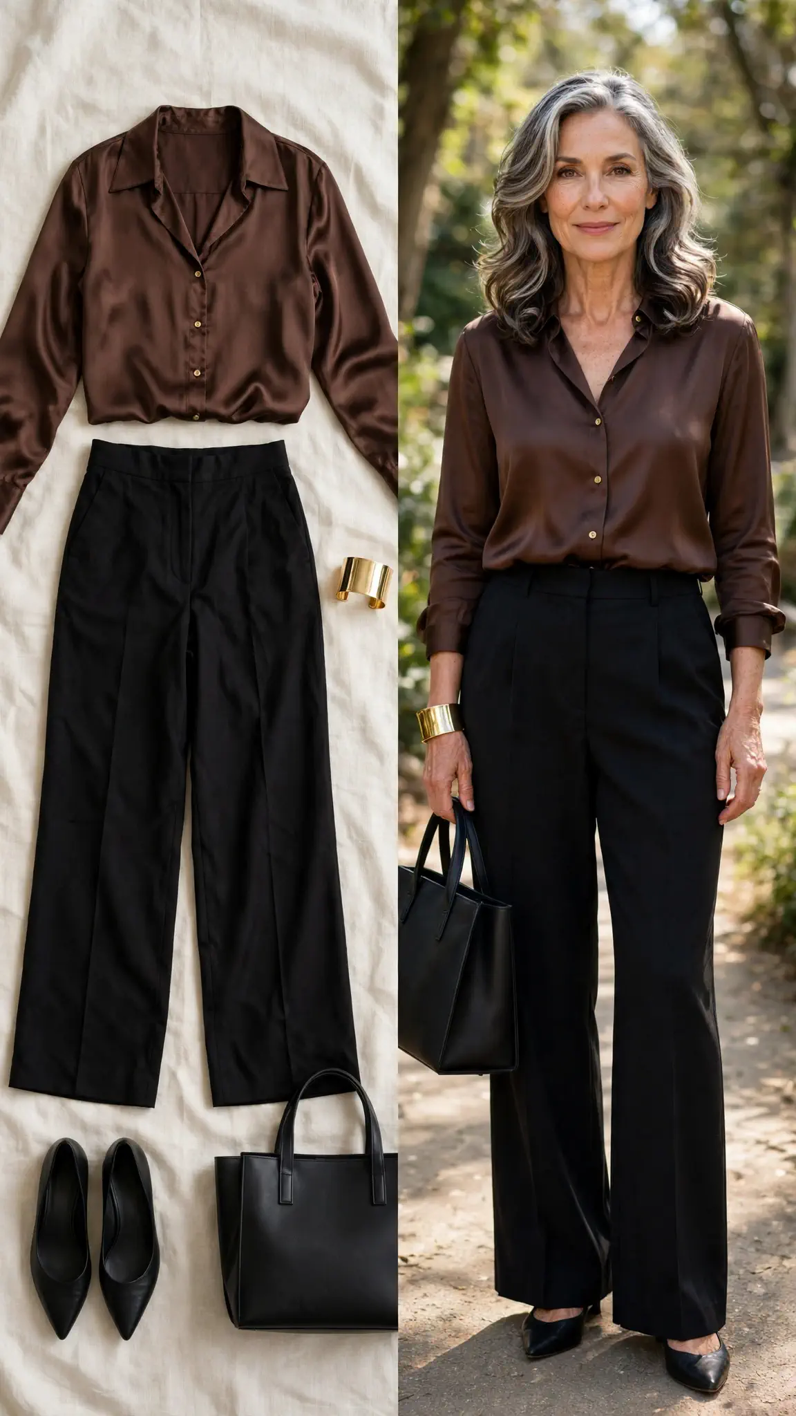 Split outfit idea: chocolate satin blouse and black wide-leg trousers flat lay and a mature woman wearing them with black pointed flats