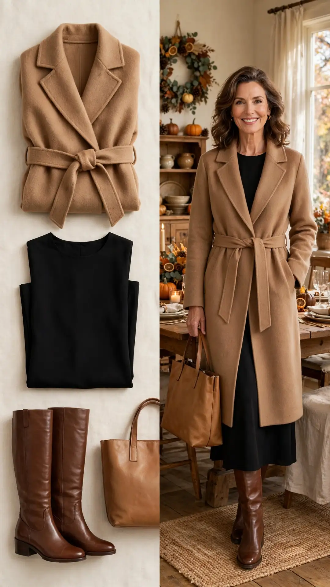 Split outfit idea: camel wool wrap coat and black midi dress flat lay and a mature woman wearing them with brown knee-high boots