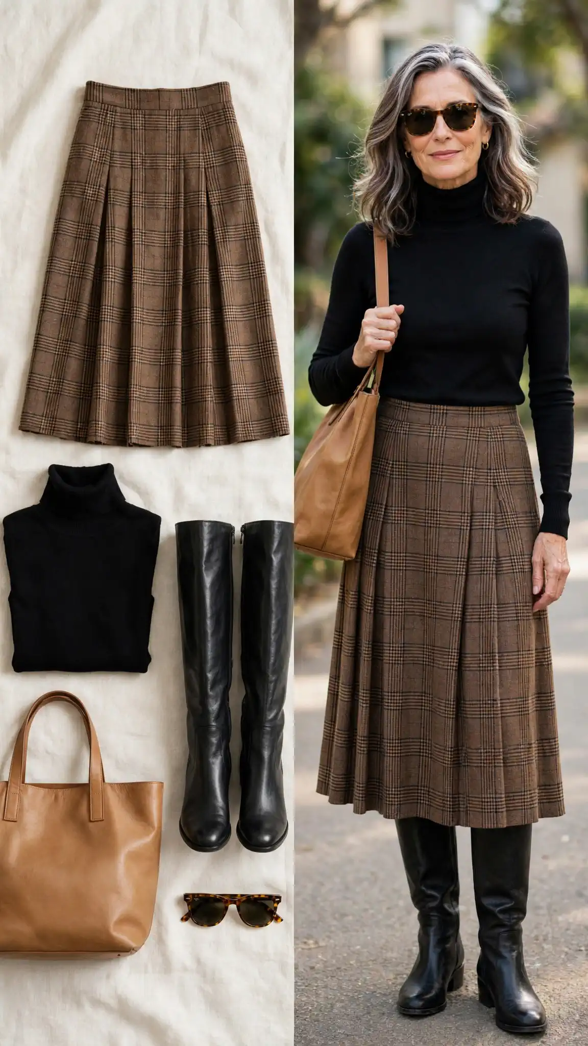 Split outfit idea: brown plaid midi skirt and black fitted turtleneck flat lay and a mature woman wearing them with black knee-high boots