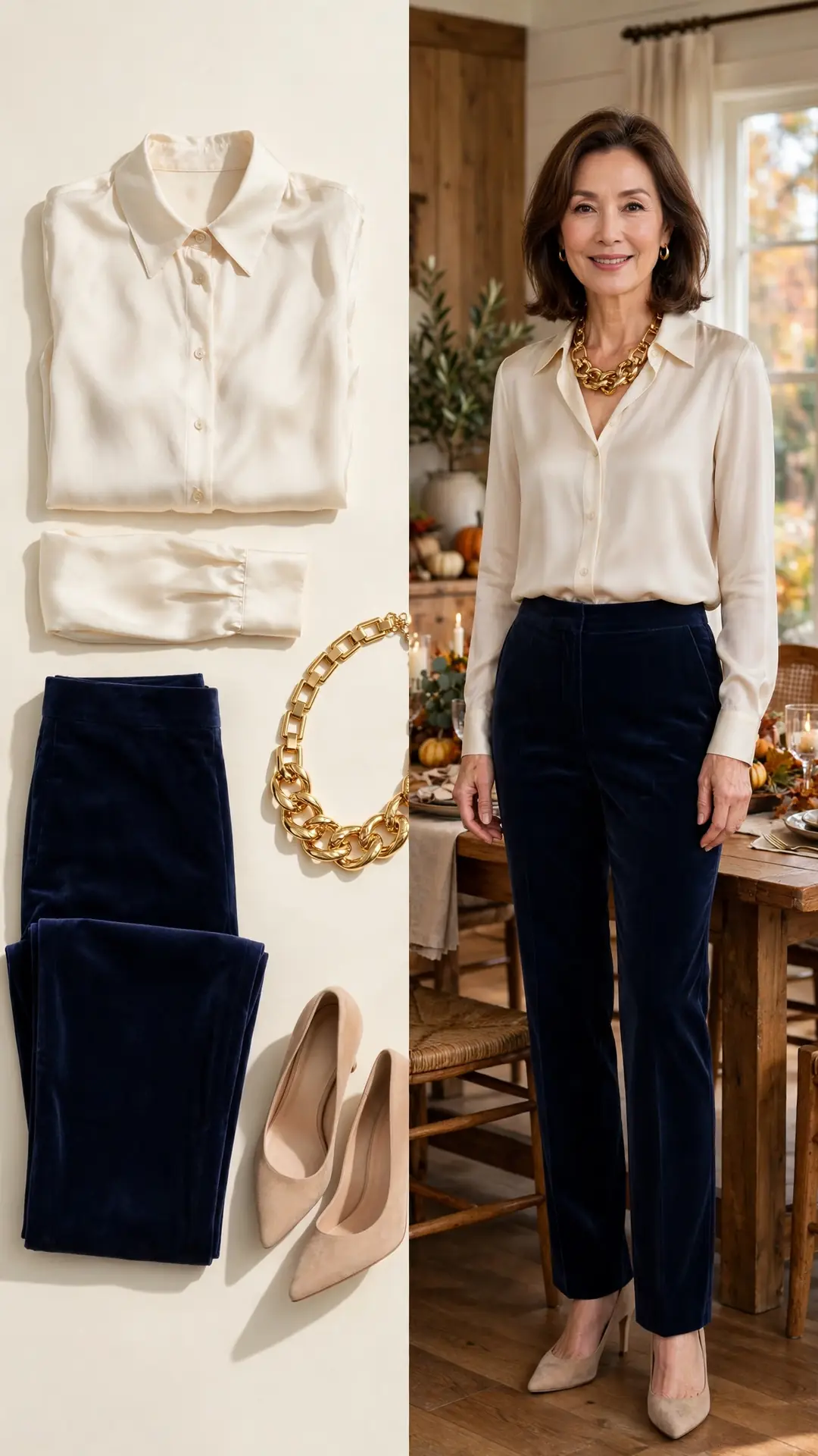 Split outfit idea: navy velvet trousers and cream silk blouse flat lay and a mature woman wearing them with nude heels and a statement gold necklace