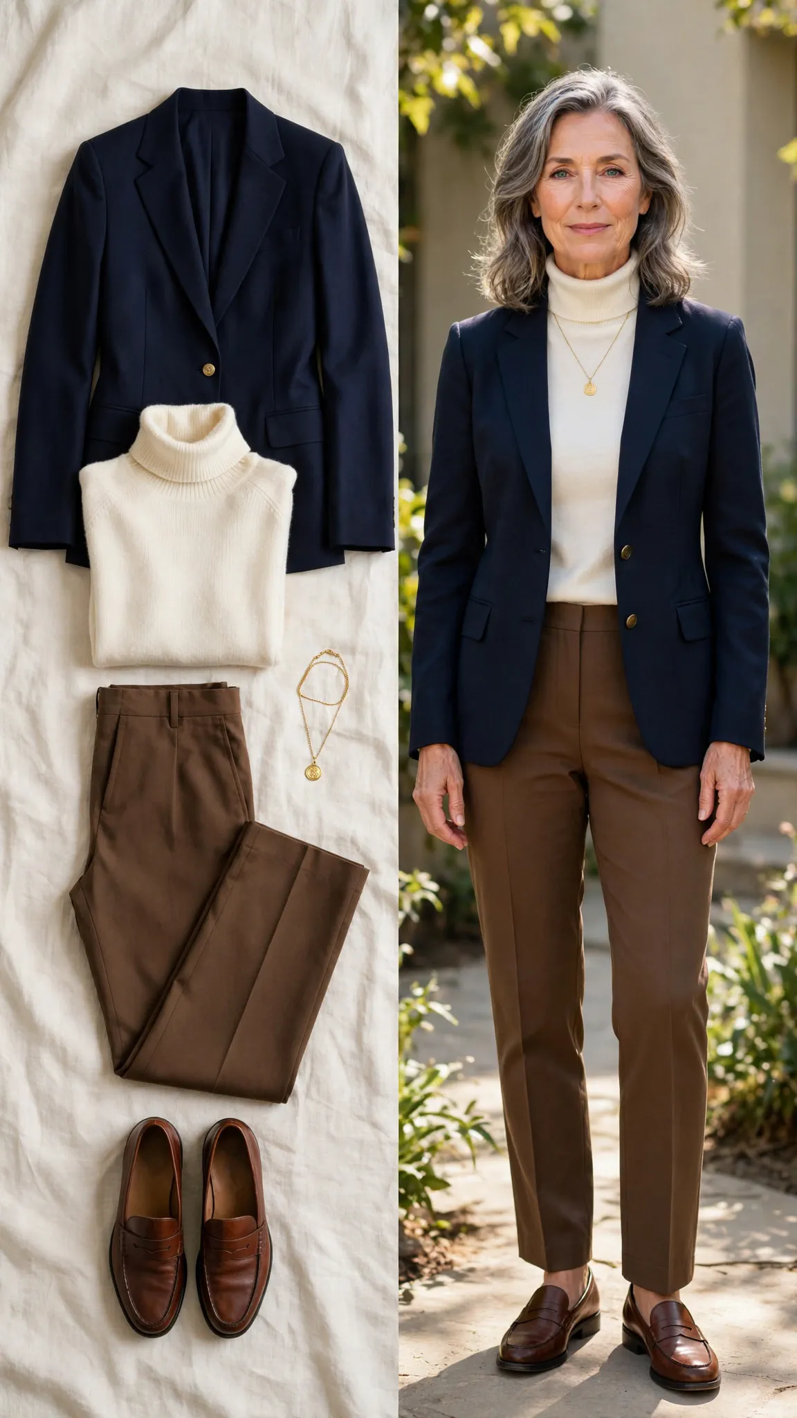 Split outfit idea: navy tailored blazer and ivory turtleneck flat lay and a mature woman wearing them with brown straight trousers