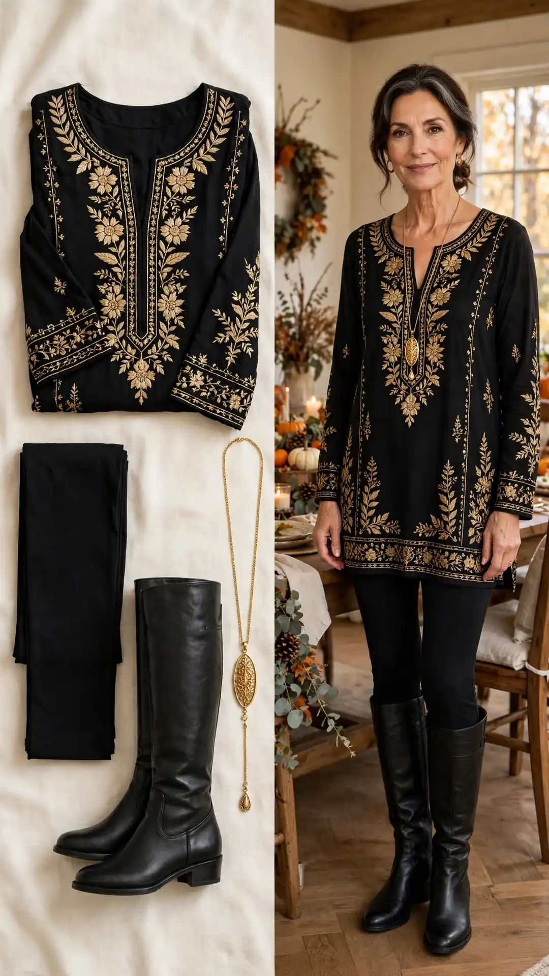 Split outfit idea: black embroidered tunic and black leggings flat lay and a mature woman wearing them with black knee-high boots and a long gold pendant