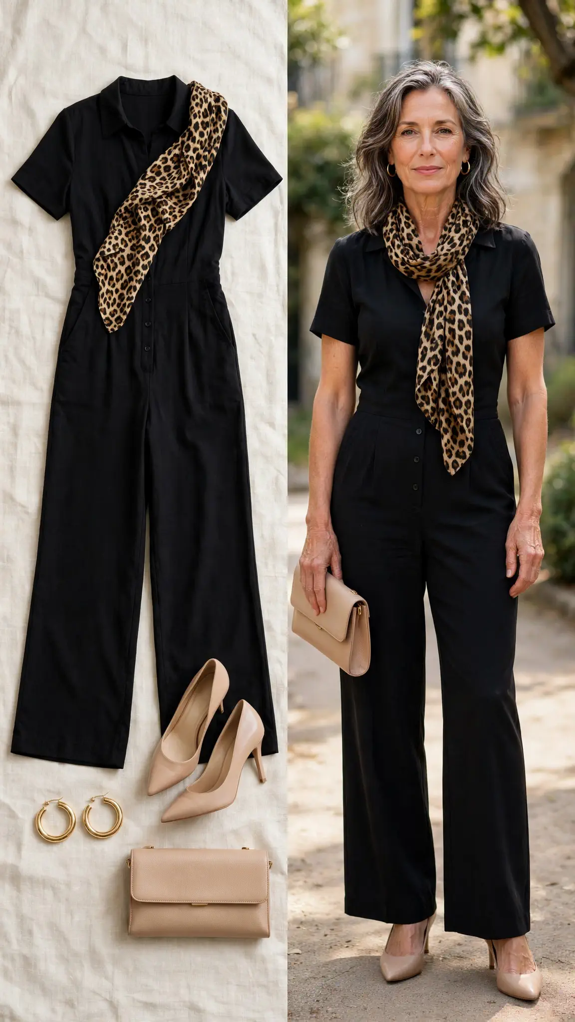 Split outfit idea: black wide-leg jumpsuit and leopard print scarf flat lay and a mature woman wearing them with nude pumps