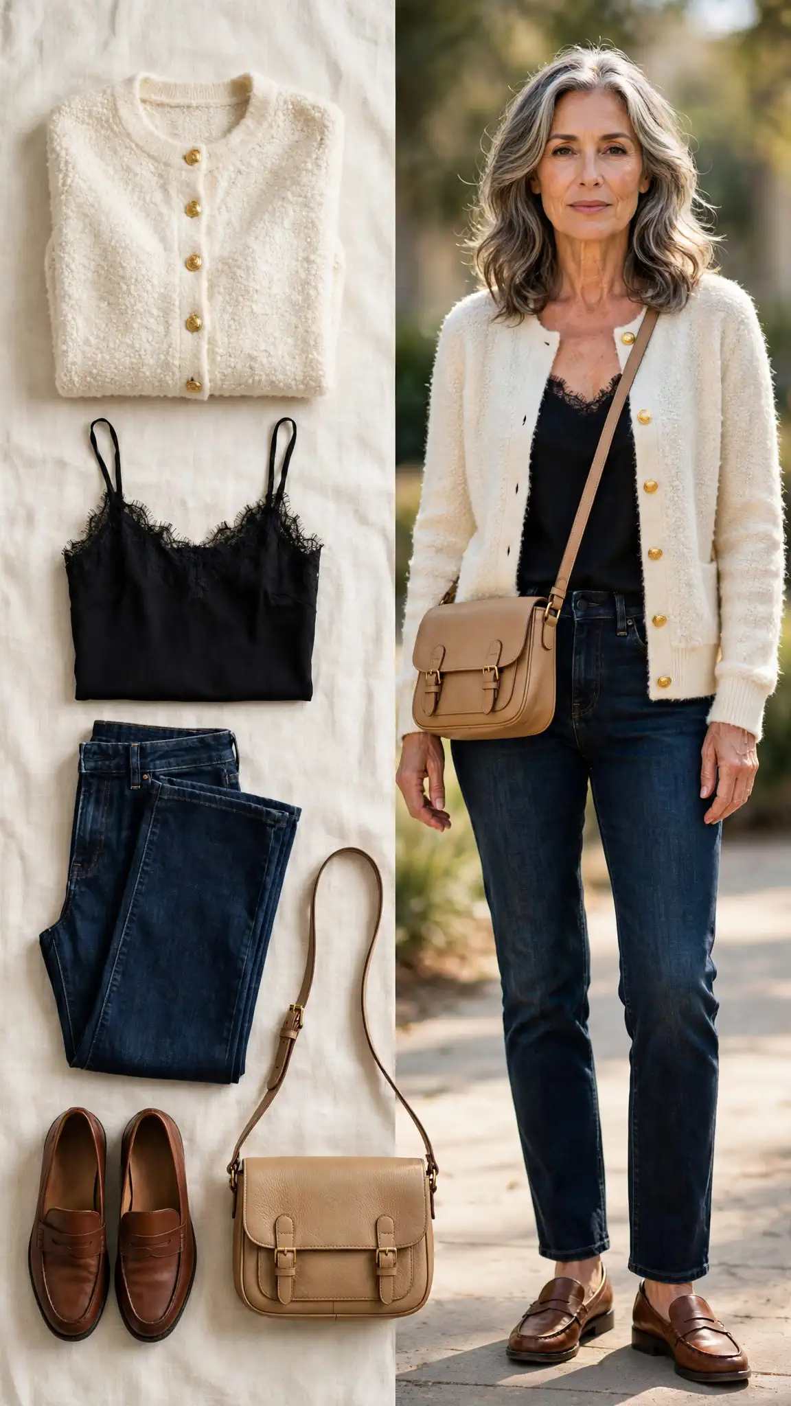 Split outfit idea: cream boucle cardigan with gold buttons and black camisole flat lay and a mature woman wearing them with dark indigo jeans and brown loafers