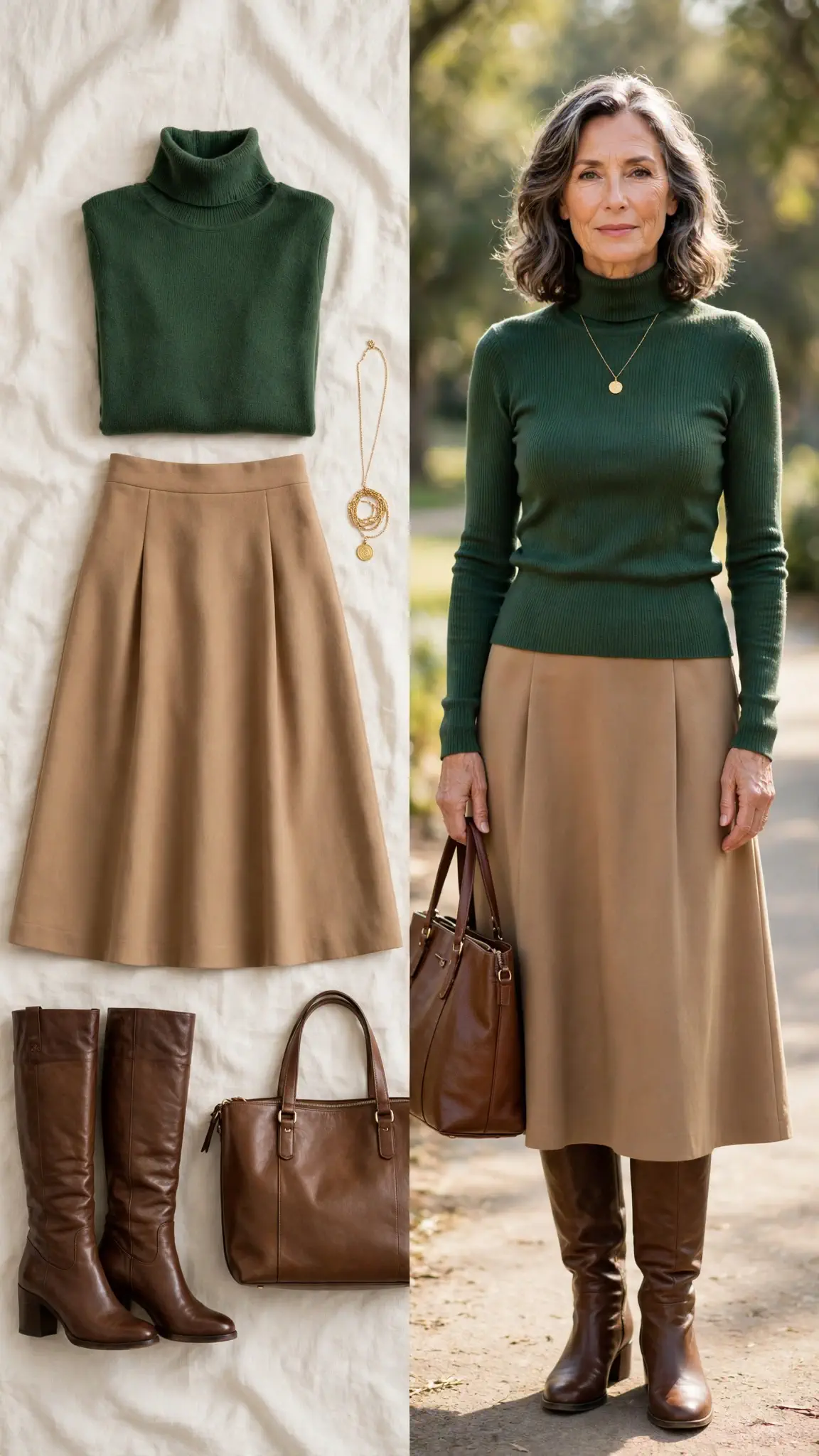 Split outfit idea: forest green turtleneck sweater and camel A-line midi skirt flat lay and a mature woman wearing them with brown knee-high boots