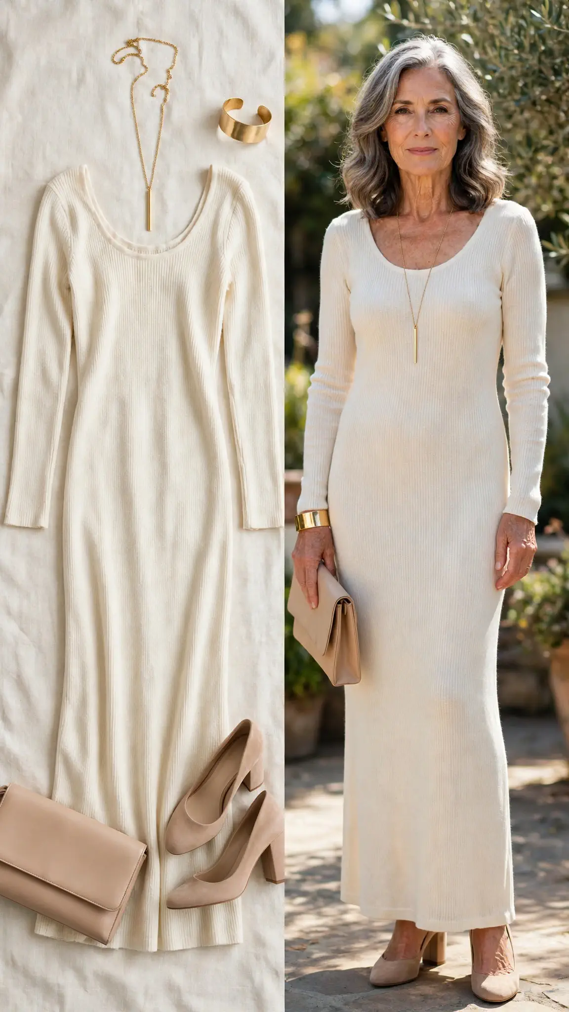 Split outfit idea: ivory knit maxi dress flat lay and a mature woman wearing it with nude block heels and a long gold pendant